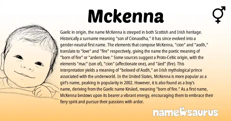 Infographic about Mckenna name meaning, Mckenna is a name from Irish, United States, Gaelic, Scottish, Proto-Celtic origin(s).