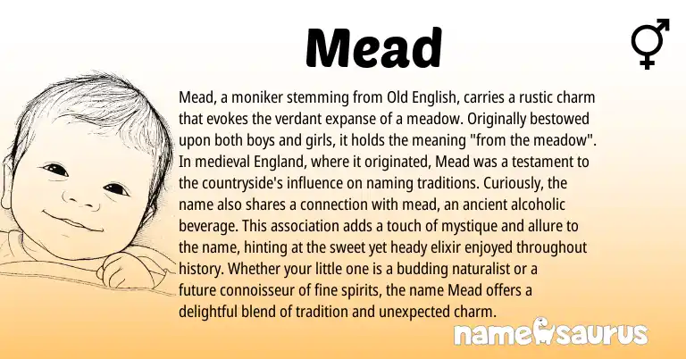 Infographic about Mead name meaning, Mead is a name from Old English, England origin(s).