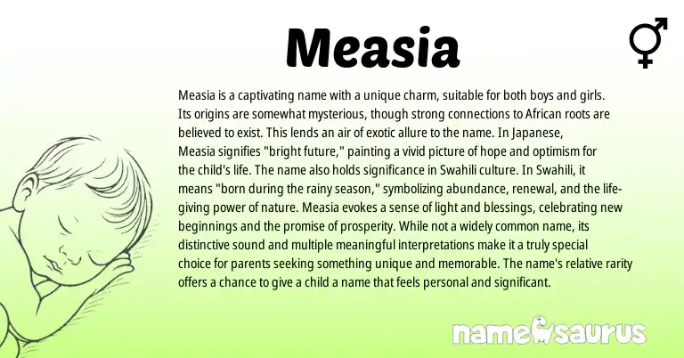 Infographic about Measia name meaning, Measia is a name from Japanese, Swahili origin(s).