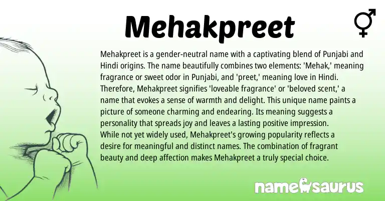 Infographic about Mehakpreet name meaning, Mehakpreet is a name from Punjabi, Hindi origin(s).