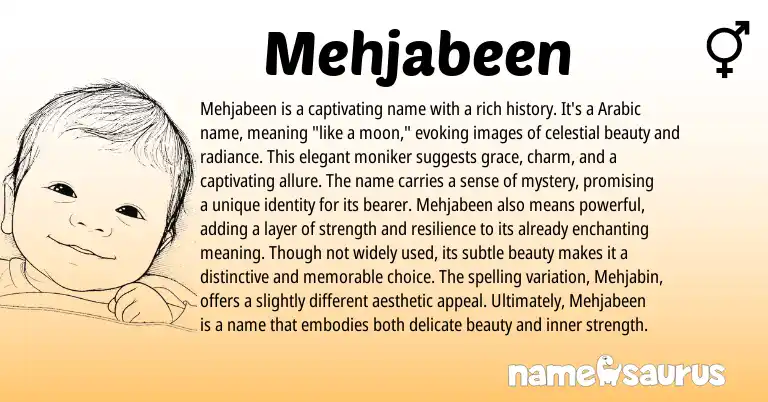 Infographic about Mehjabeen name meaning, Mehjabeen is a name from Arabic origin(s).