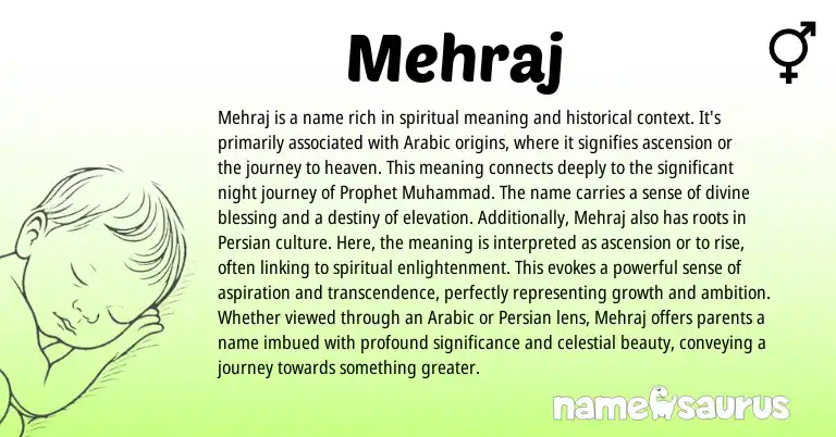 Infographic about Mehraj name meaning, Mehraj is a name from Arabic, Persian origin(s).