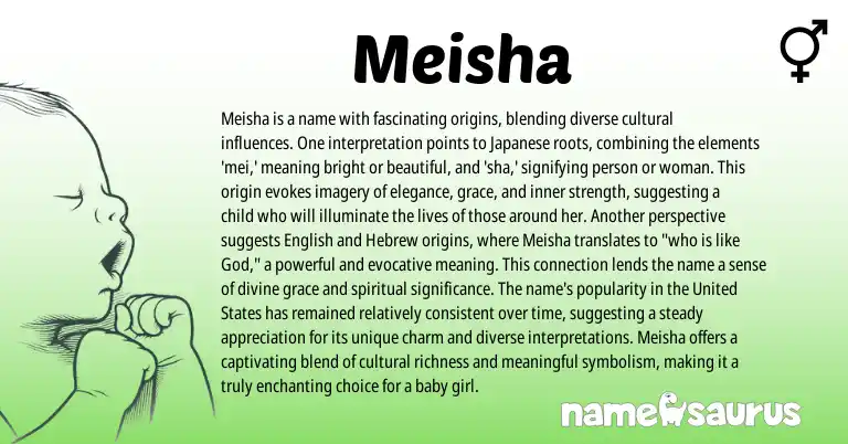 Infographic about Meisha name meaning, Meisha is a name from Hebrew, Japanese origin(s).