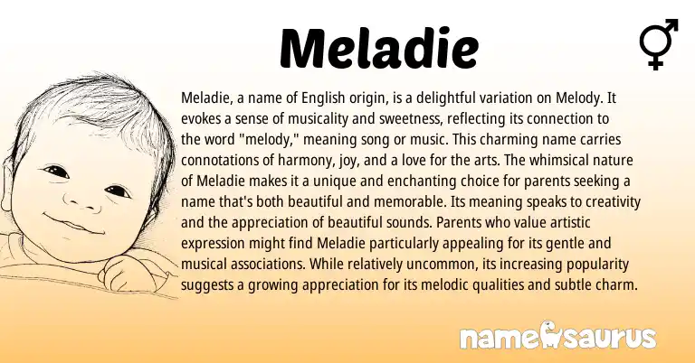 Infographic about Meladie name meaning, Meladie is a name from French, English origin(s).