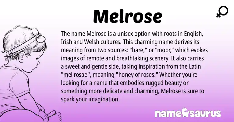 Infographic about Melrose name meaning, Melrose is a name from English, British, Irish, Latin origin(s).