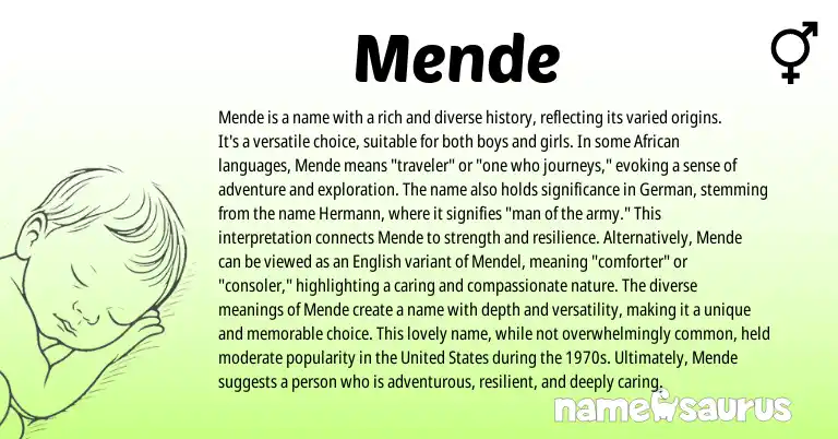 Infographic about Mende name meaning, Mende is a name from Germanic, African, English origin(s).