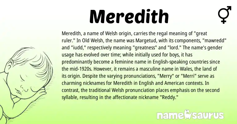Infographic about Meredith name meaning, Meredith is a name from Old Welsh, English, Welsh, American origin(s).