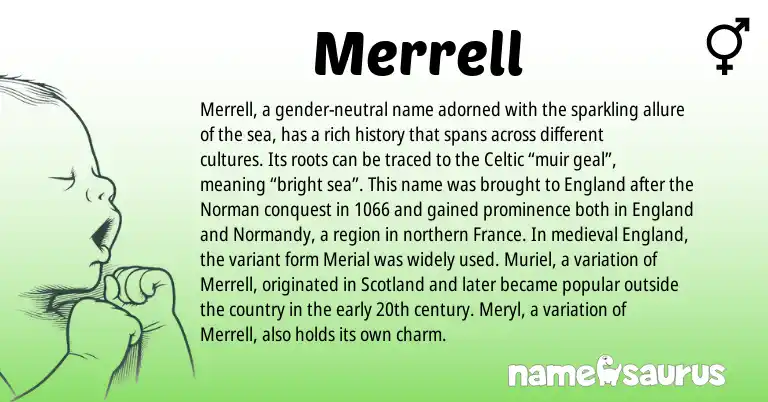 Infographic about Merrell name meaning, Merrell is a name from Norman, Celtic, England origin(s).