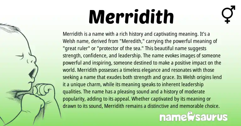 Infographic about Merridith name meaning, Merridith is a name from Welsh origin(s).