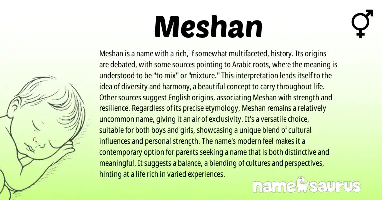 Infographic about Meshan name meaning, Meshan is a name from Arabic origin(s).