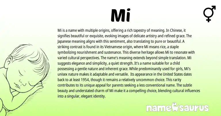 Infographic about Mi name meaning, Mi is a name from Japanese, Chinese, Vietnamese origin(s).