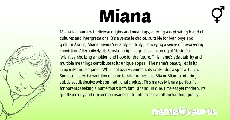 Infographic about Miana name meaning, Miana is a name from Sanskrit, Arabic origin(s).