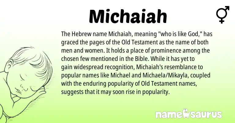 Infographic about Michaiah name meaning, Michaiah is a name from Hebrew origin(s).