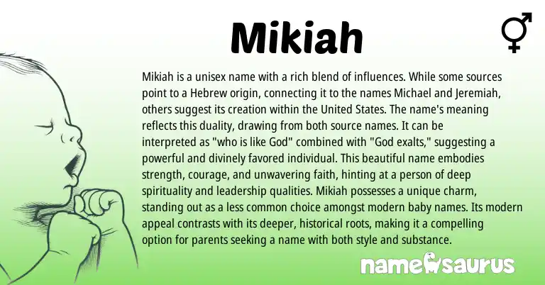 Infographic about Mikiah name meaning, Mikiah is a name from Hebrew origin(s).
