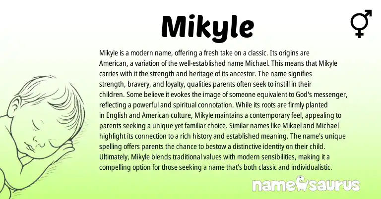 Infographic about Mikyle name meaning, Mikyle is a name from Hebrew, American origin(s).