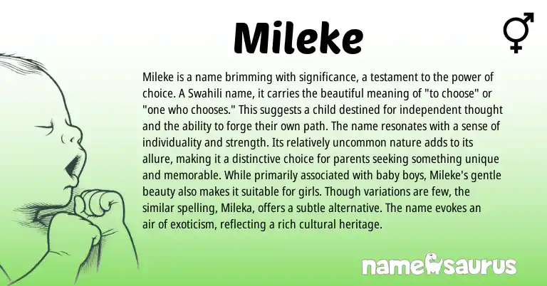 Infographic about Mileke name meaning, Mileke is a name from African, Swahili origin(s).