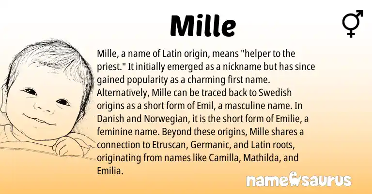 Infographic about Mille name meaning, Mille is a name from Danish, Norwegian, Etruscan, Swedish, Latin, Germanic origin(s).