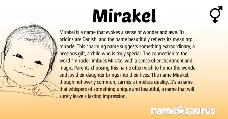 Infographic about Mirakel name meaning, Mirakel is a name from Hebrew, Danish origin(s).