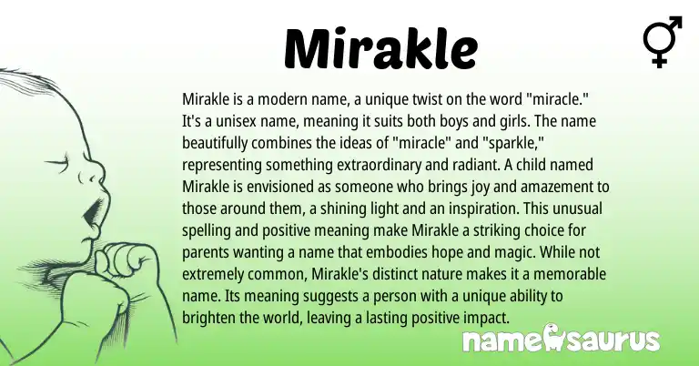Infographic about Mirakle name meaning, Mirakle is a name from English origin(s).