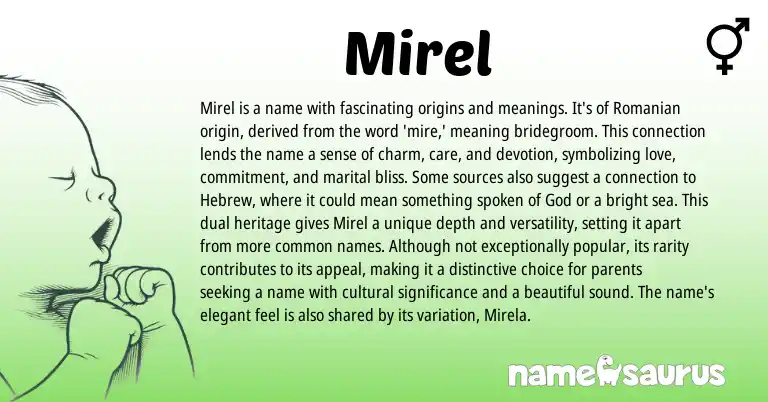 Infographic about Mirel name meaning, Mirel is a name from Hebrew, Romanian origin(s).