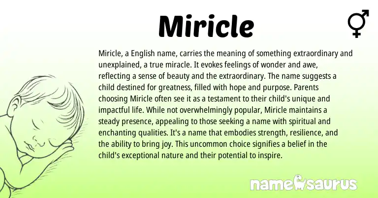 Infographic about Miricle name meaning, Miricle is a name from English origin(s).