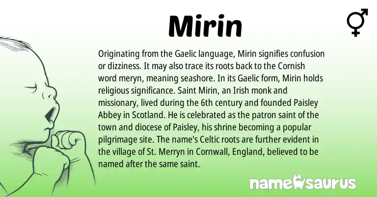 Infographic about Mirin name meaning, Mirin is a name from Irish, Cornish, England, Gaelic, Celtic origin(s).