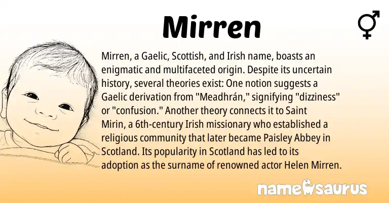 Infographic about Mirren name meaning, Mirren is a name from Irish, Gaelic, Scottish origin(s).