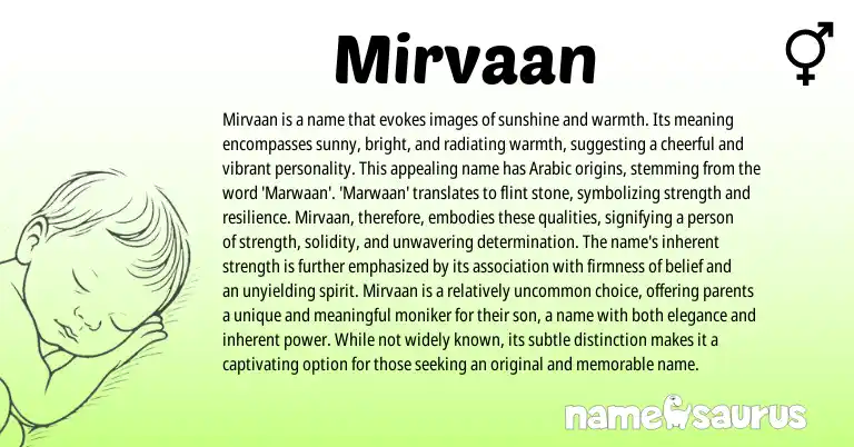 Infographic about Mirvaan name meaning, Mirvaan is a name from Indian, Arabic origin(s).