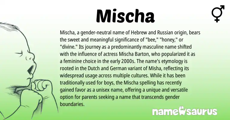 Infographic about Mischa name meaning, Mischa is a name from Russian, German, Dutch, Hebrew origin(s).