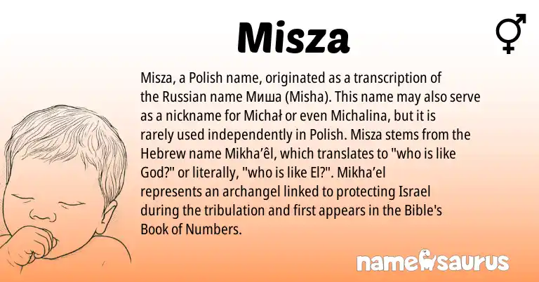 Infographic about Misza name meaning, Misza is a name from Russian, Polish, Hebrew origin(s).