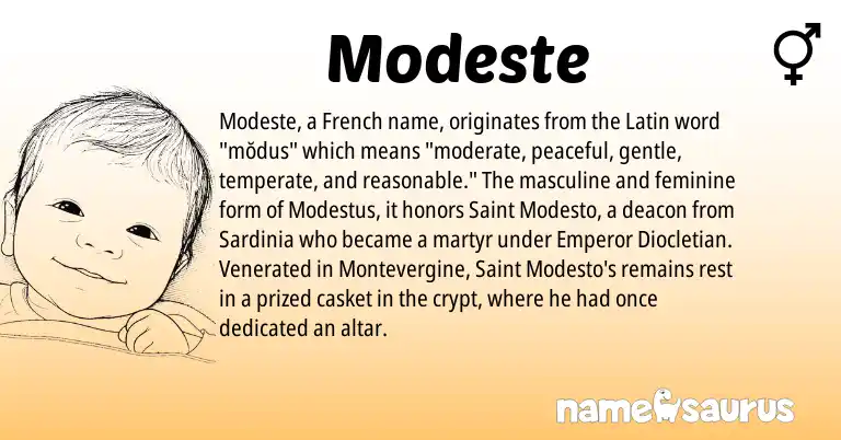 Infographic about Modeste name meaning, Modeste is a name from French, Latin origin(s).