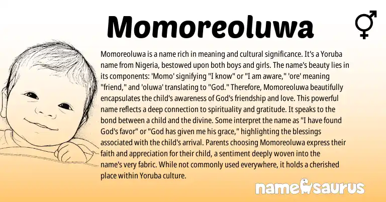 Infographic about Momoreoluwa name meaning, Momoreoluwa is a name from Yoruba origin(s).