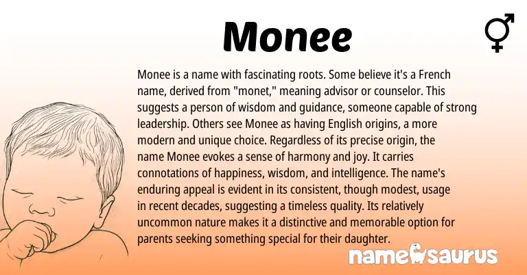 Infographic about Monee name meaning, Monee is a name from Indian, French, American origin(s).