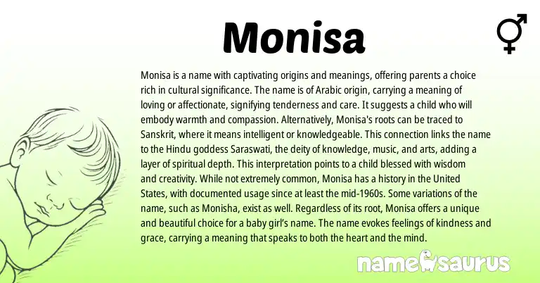 Infographic about Monisa name meaning, Monisa is a name from Arabic, Persian origin(s).
