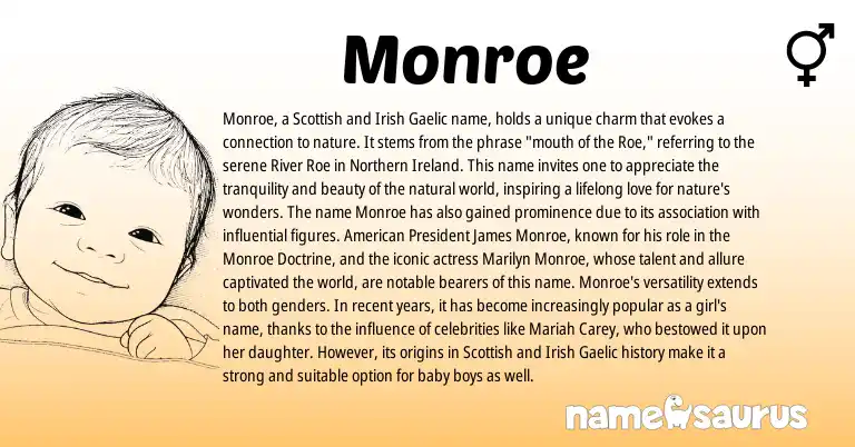 Infographic about Monroe name meaning, Monroe is a name from Irish, Ireland, Gaelic, Scottish, American origin(s).