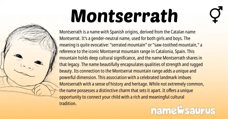 Infographic about Montserrath name meaning, Montserrath is a name from Catalan, Spanish origin(s).