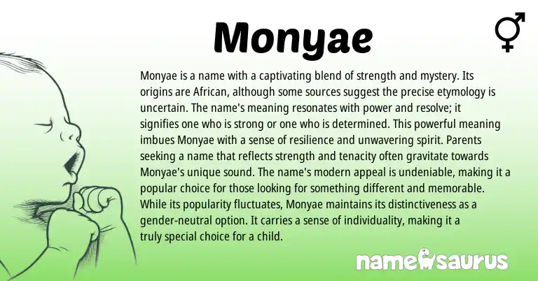 Infographic about Monyae name meaning, Monyae is a name from African origin(s).