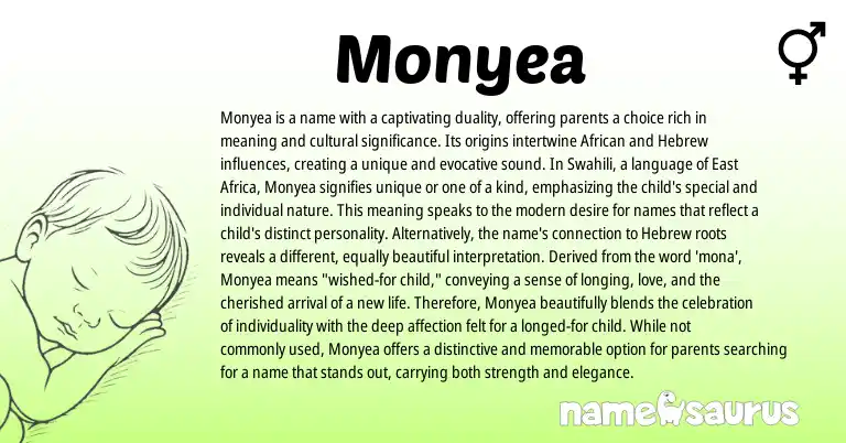Infographic about Monyea name meaning, Monyea is a name from African, Hebrew, Swahili origin(s).