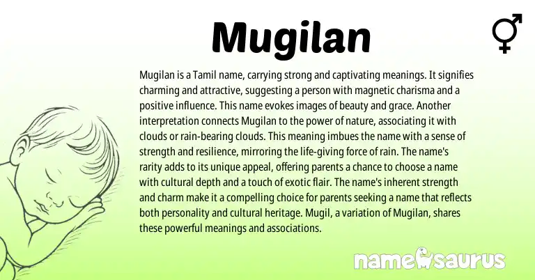 Infographic about Mugilan name meaning, Mugilan is a name from Tamil origin(s).