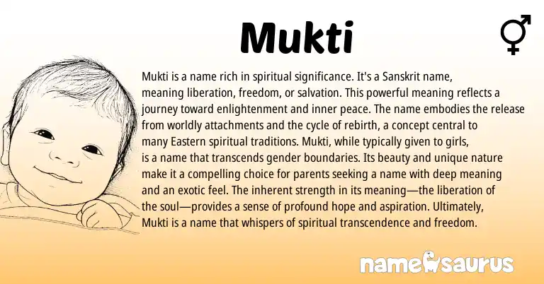 Infographic about Mukti name meaning, Mukti is a name from Sanskrit origin(s).