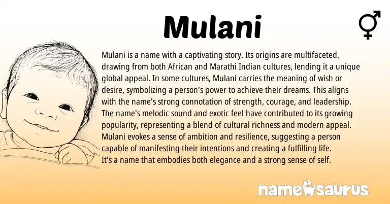Infographic about Mulani name meaning, Mulani is a name from Sanskrit, African origin(s).