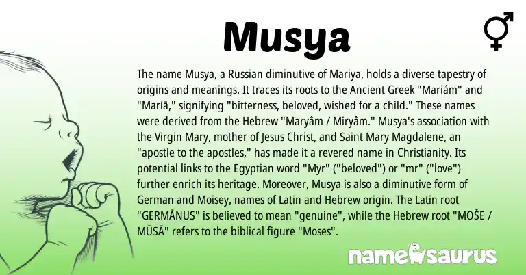 Infographic about Musya name meaning, Musya is a name from Ancient Greek, Christianity, Russian, Latin, Egyptian, German, Hebrew origin(s).