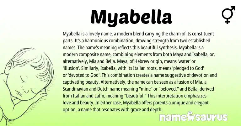 Infographic about Myabella name meaning, Myabella is a name from Hebrew, Italian origin(s).