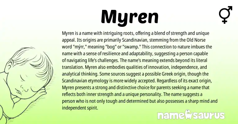 Infographic about Myren name meaning, Myren is a name from Russian, Scandinavian, Norse origin(s).
