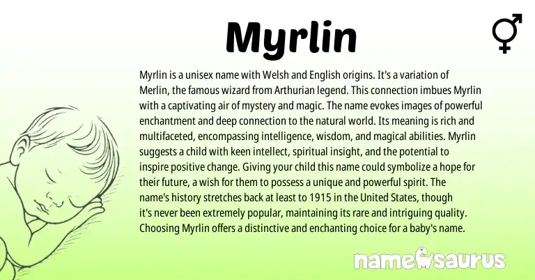 Infographic about Myrlin name meaning, Myrlin is a name from Arthurian, Welsh origin(s).