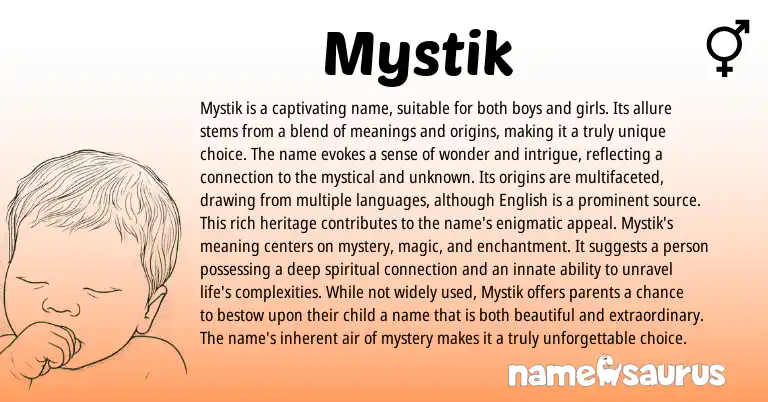 Infographic about Mystik name meaning, Mystik is a name from English origin(s).