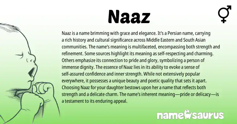 Infographic about Naaz name meaning, Naaz is a name from Urdu, Persian origin(s).