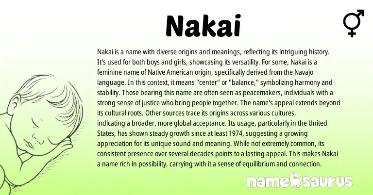 Infographic about Nakai name meaning, Nakai is a name from American, Navajo origin(s).