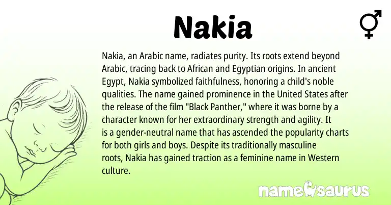 Infographic about Nakia name meaning, Nakia is a name from Egyptian, Arabic, African, United States origin(s).