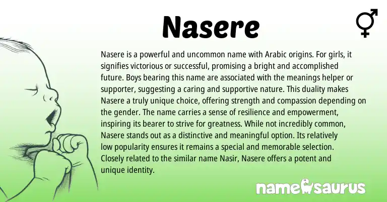 Infographic about Nasere name meaning, Nasere is a name from Arabic origin(s).